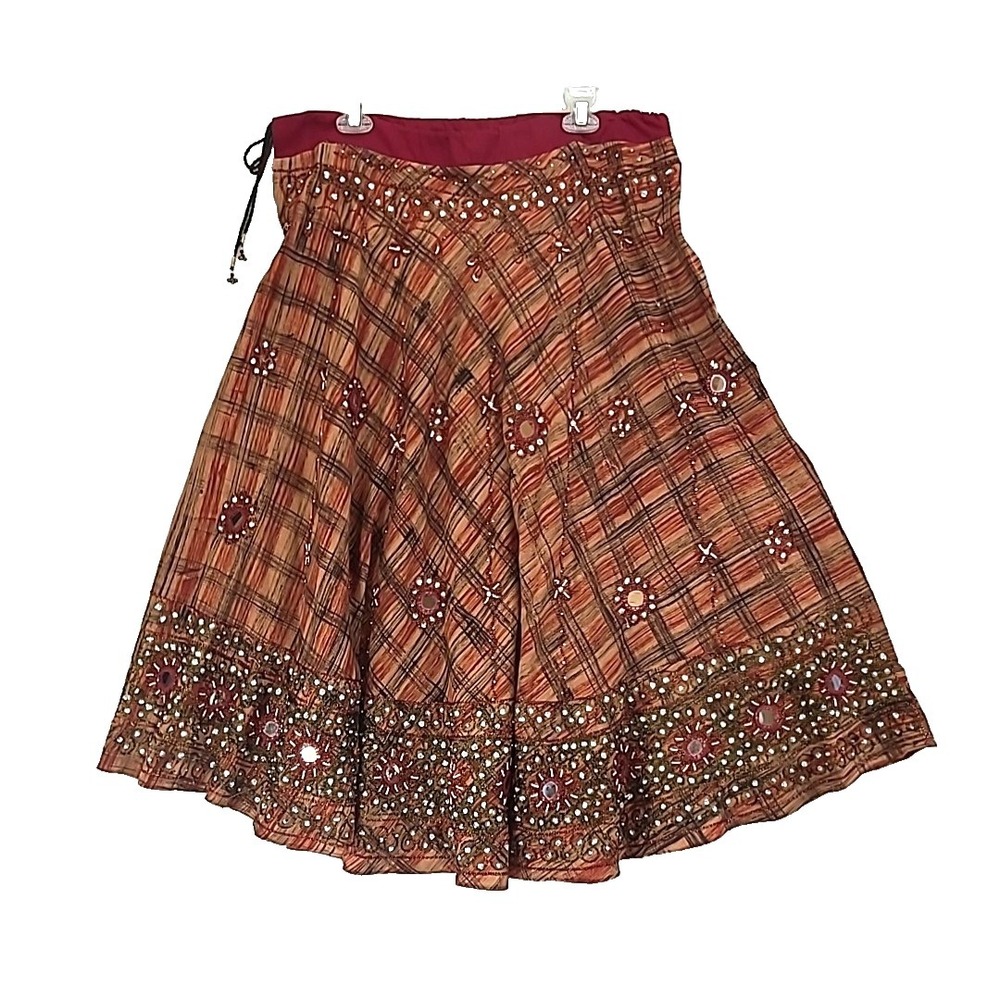 Henna Vtg Boho Hippie Hand Beaded Mirror Skirt One‎ Size Rust Brown Cotton